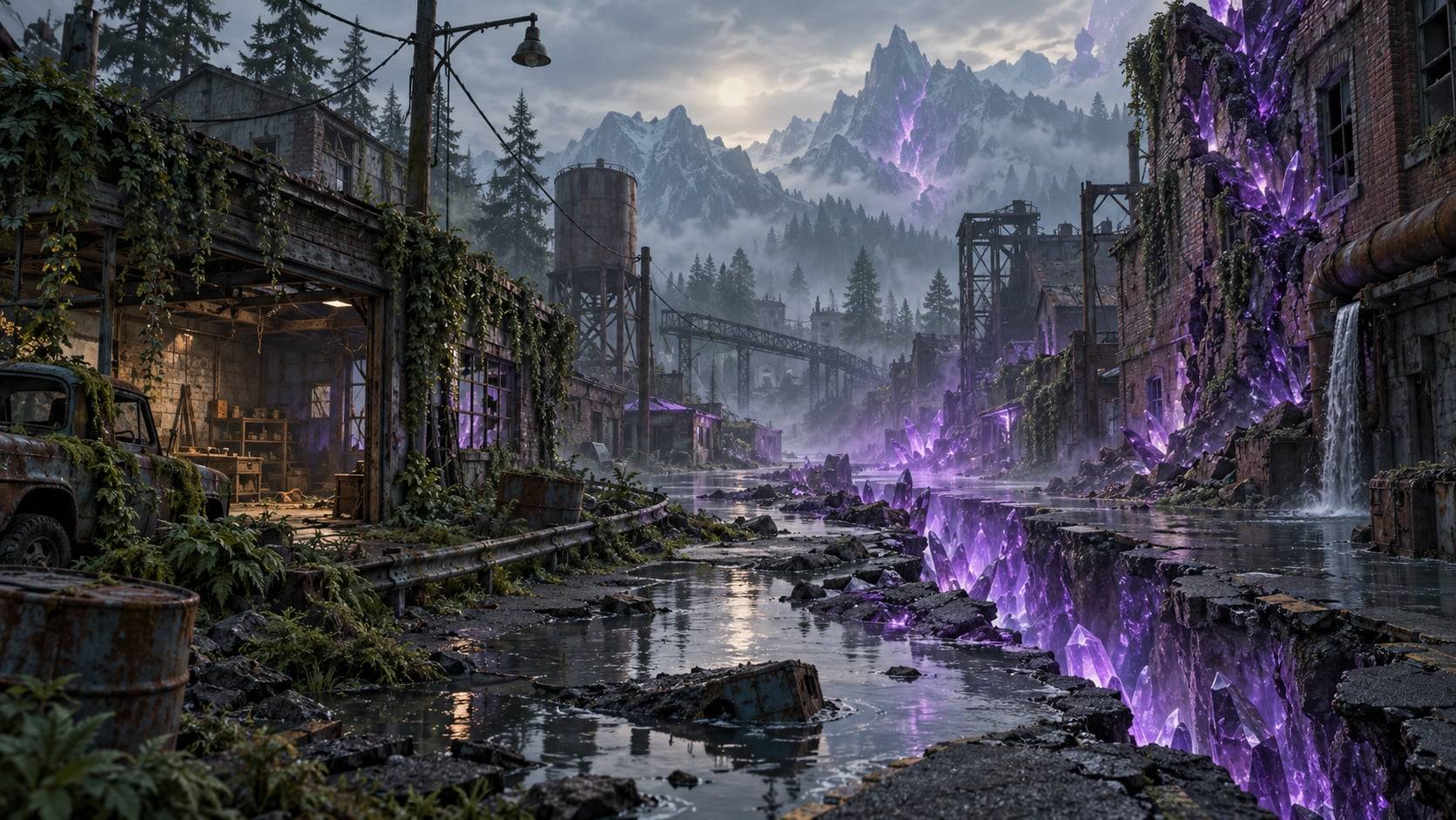 Visual concept of a violet rift breaking through a ruined landscape.