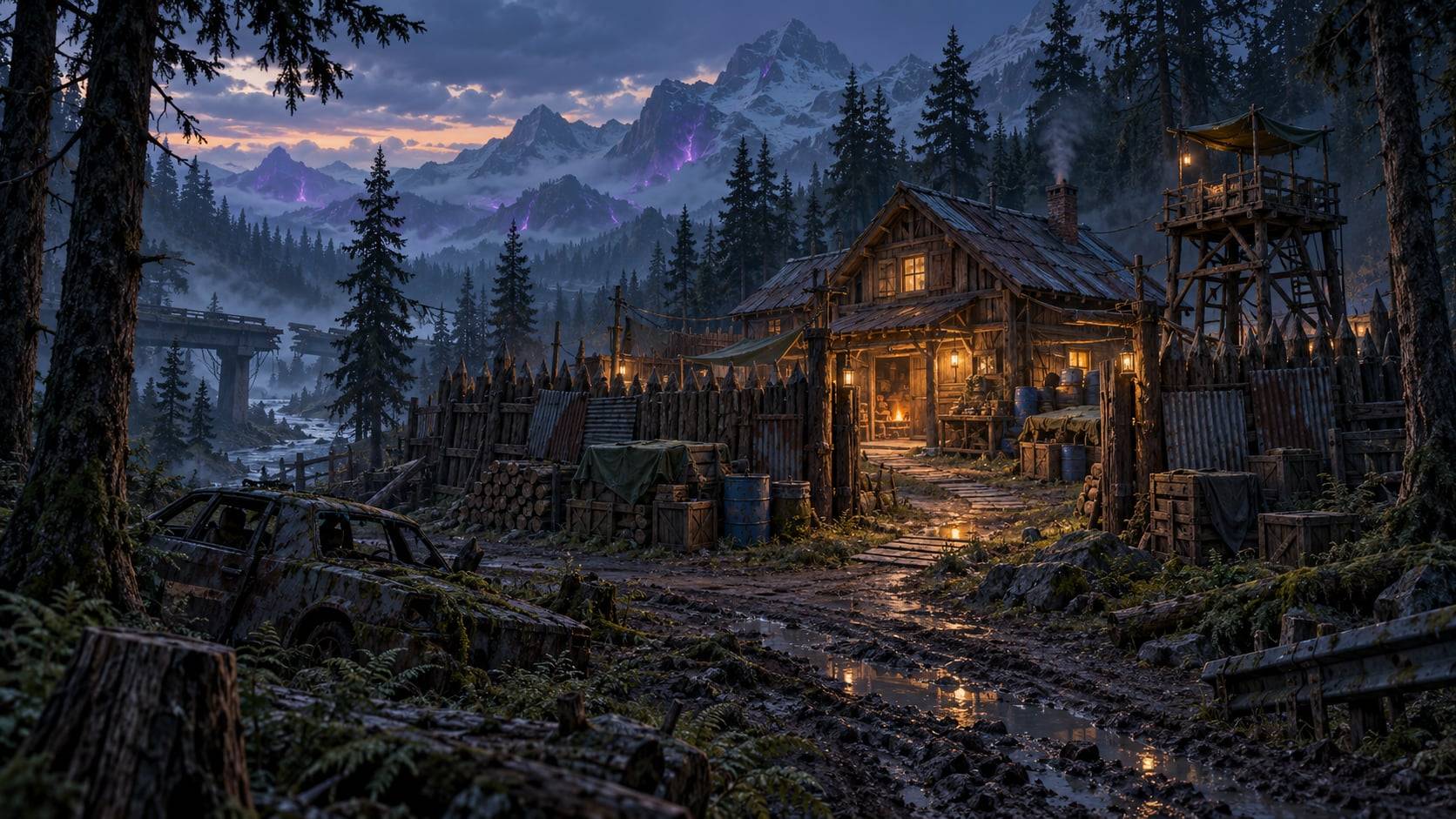 Visual concept of a fortified survivor shelter in an overgrown world.
